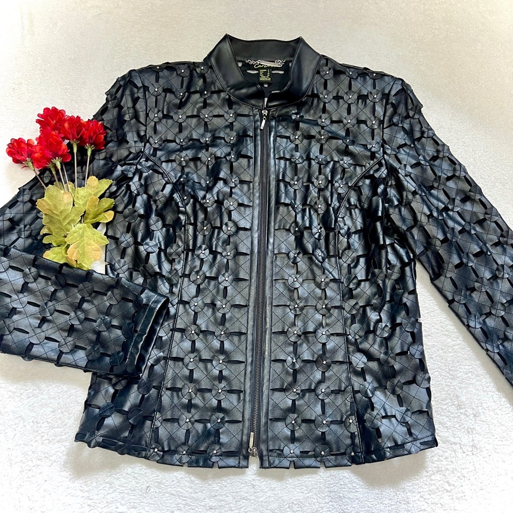 Cartise Studded Mesh Faux Leather Bomber Jacket - Size 6